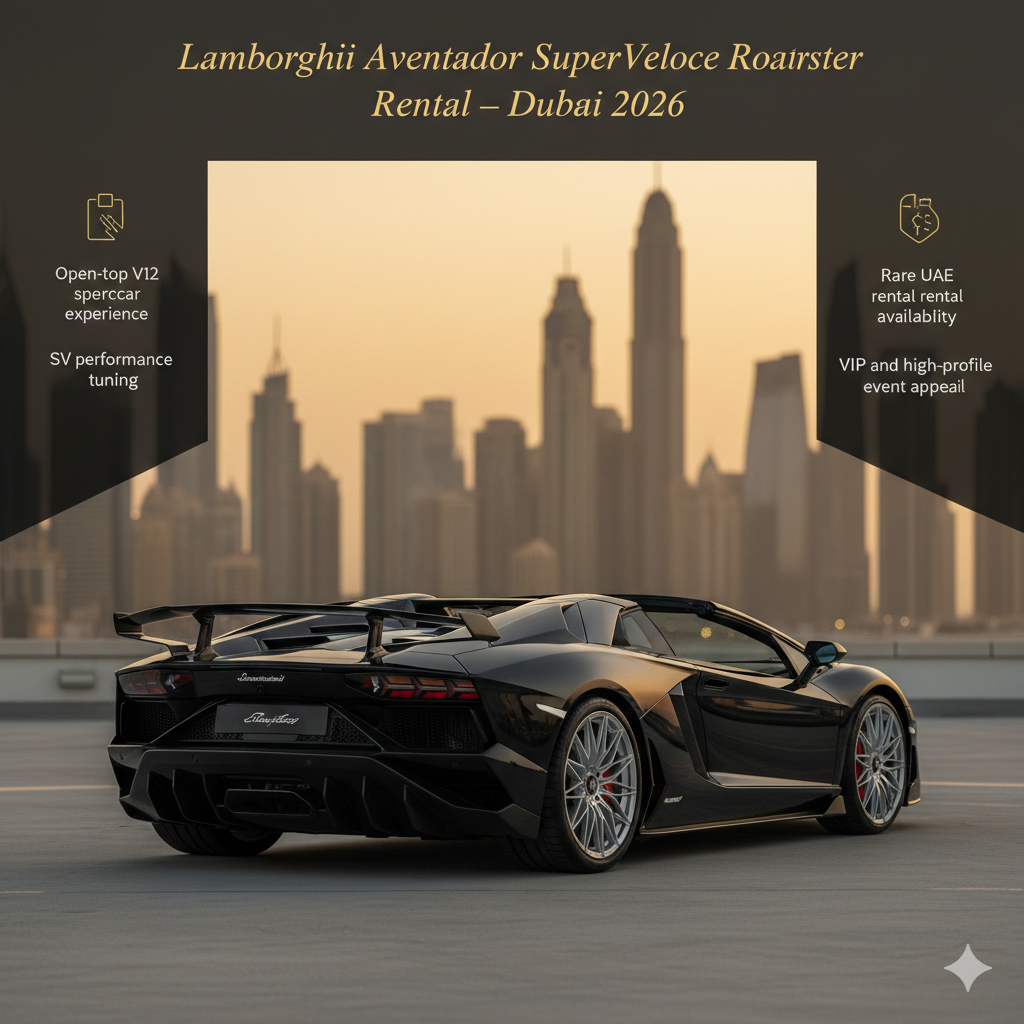 Lamborghini Aventador SuperVeloce Roadster rental in Dubai, rare open-top V12 supercar with SV performance package, UAE 2026.