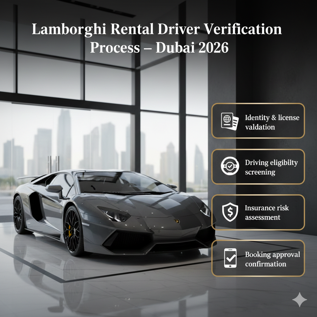 Lamborghini rental driver verification process in Dubai showing license validation, identity checks, insurance approval, and compliance screening for luxury supercar rentals in 2026.