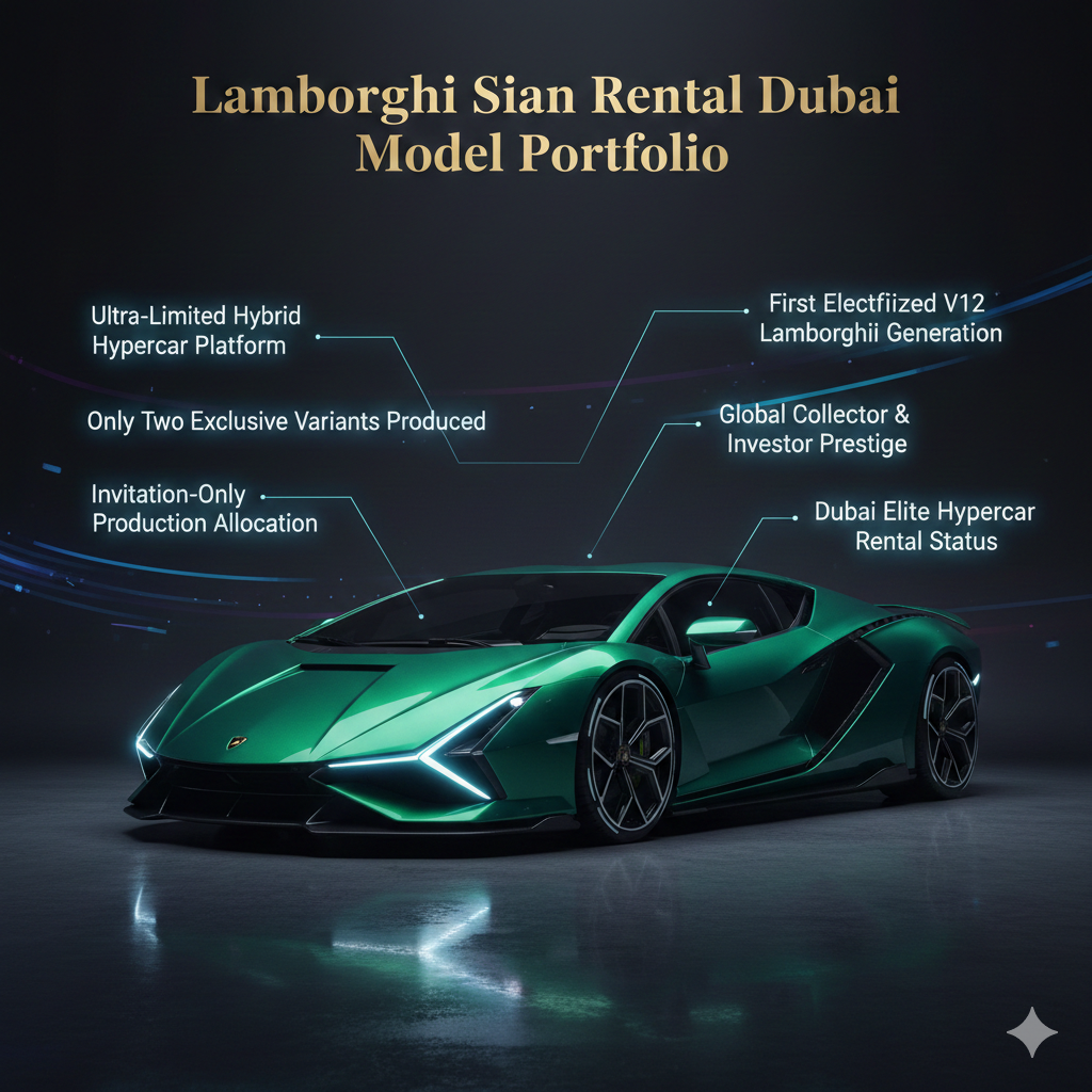 Ultra-realistic Lamborghini Sián hypercar centered in a luxury cinematic poster with title at top and animated infographic points on sides highlighting its ultra-limited hybrid production and Dubai rental prestige.