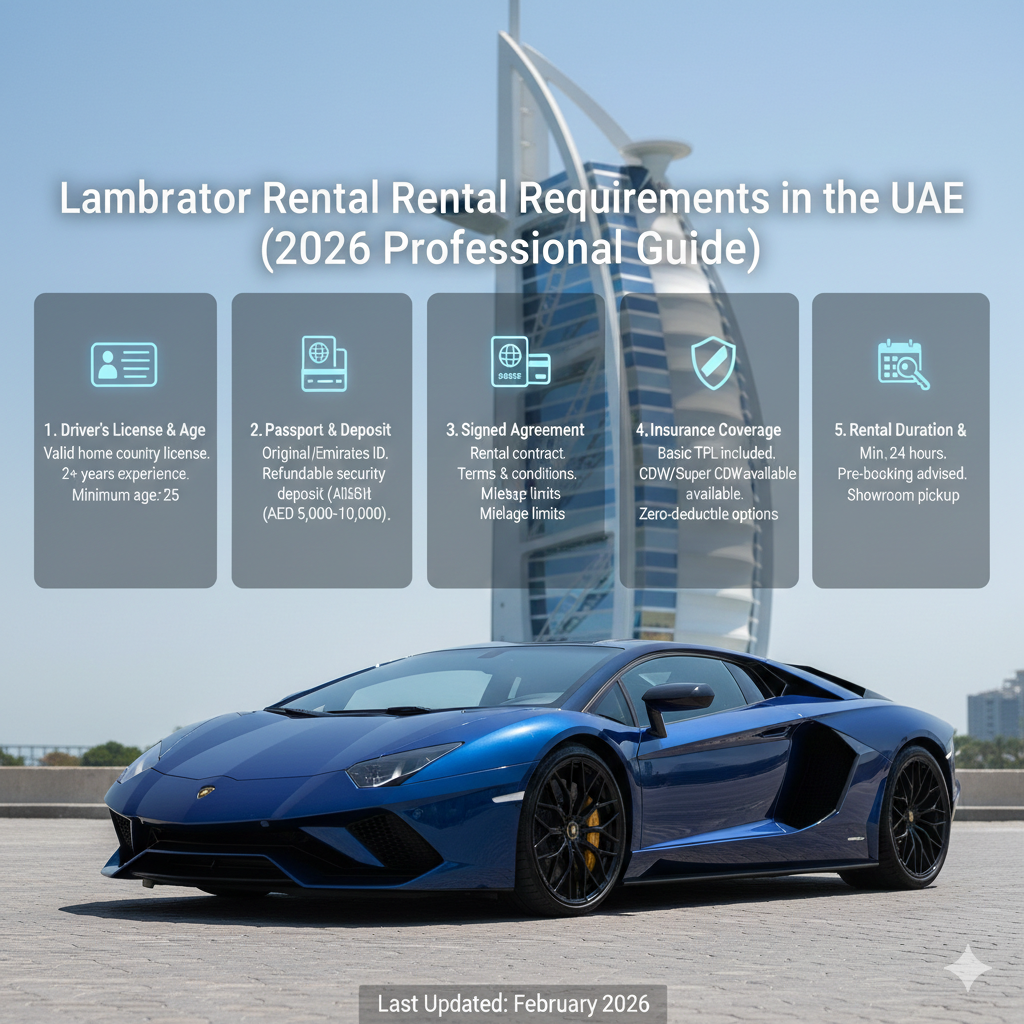 Alt Text: A comprehensive professional infographic for 2026 outlining the requirements for renting a Lamborghini Aventador in the UAE. Features a blue Aventador in front of the Burj Al Arab with five core categories: License/Age, Passport/Deposit, Signed Agreement, Insurance Coverage, and Rental Duration.