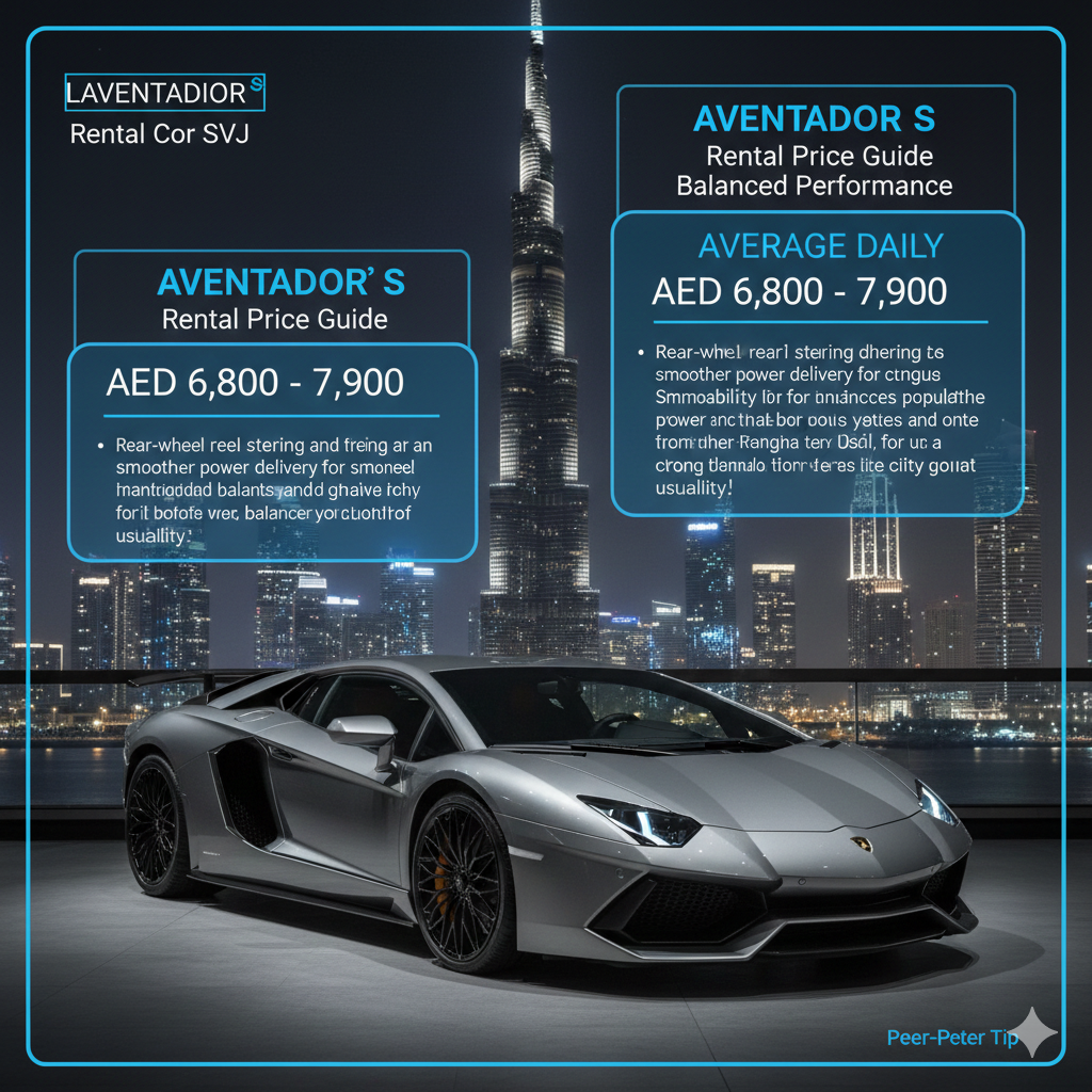 A high-end luxury car rental infographic featuring a Grigio Titans (metallic grey) Lamborghini Aventador S parked in front of the Burj Khalifa at night. The graphic displays a daily rental rate of AED 6,800 – 7,900 and highlights key features like rear-wheel steering and smoother power delivery for the 2026 market.