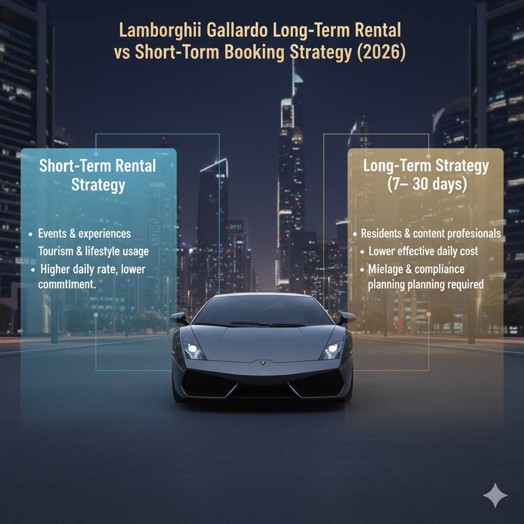 Animated luxury infographic comparing Lamborghini Gallardo long-term and short-term rental strategies within Dubai’s premium supercar rental market.