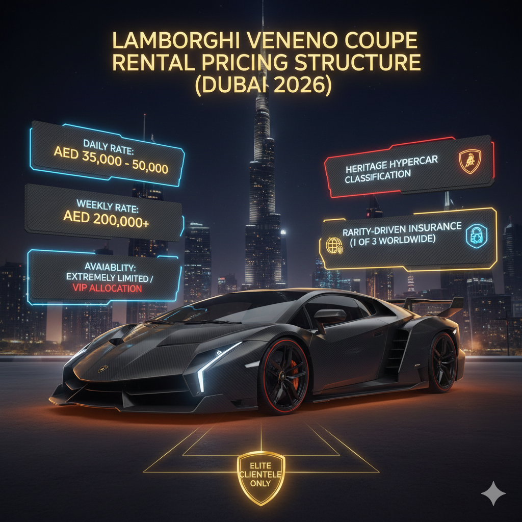 Animated luxury infographic of Lamborghini Veneno Coupe in Dubai with glowing neon text, carbon-fiber hypercar styling, Burj Khalifa background, illustrating hypercar rental pricing structure and valuation factors for 2026