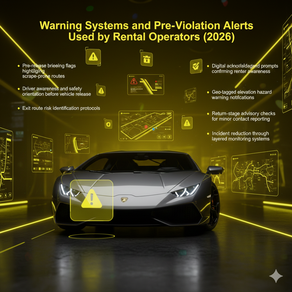 Luxury infographic showing a Lamborghini supercar surrounded by digital warning alerts, dashboard notifications, and geo-tagged hazard indicators, highlighting layered rental safety monitoring systems.