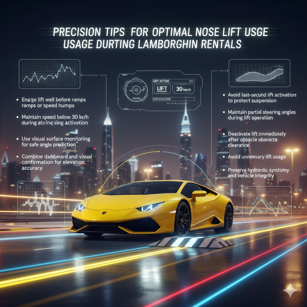 Precision Tips for Optimal Lamborghini Nose Lift Usage During Rentals – Advanced Safety Guide Yellow Lamborghini supercar shown in curved half front half side angle activating nose lift while approaching ramp with futuristic safety HUD overlays and luxury Dubai background.