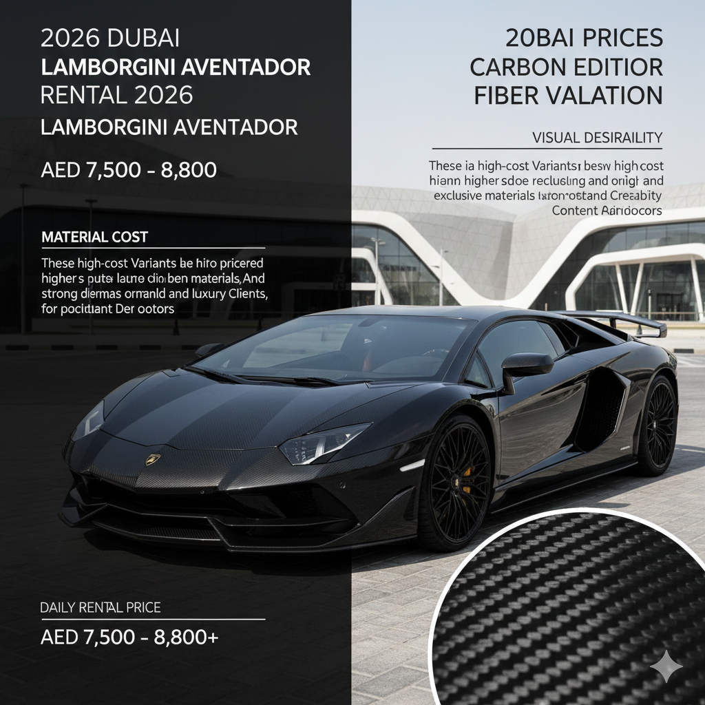 A sleek Lamborghini Aventador with visible carbon fiber bodywork parked in a modern urban setting. The graphic includes a close-up circle highlighting the carbon fiber weave texture and lists a daily rental price of AED 7,500 – 8,800, citing high material costs and visual desirability.