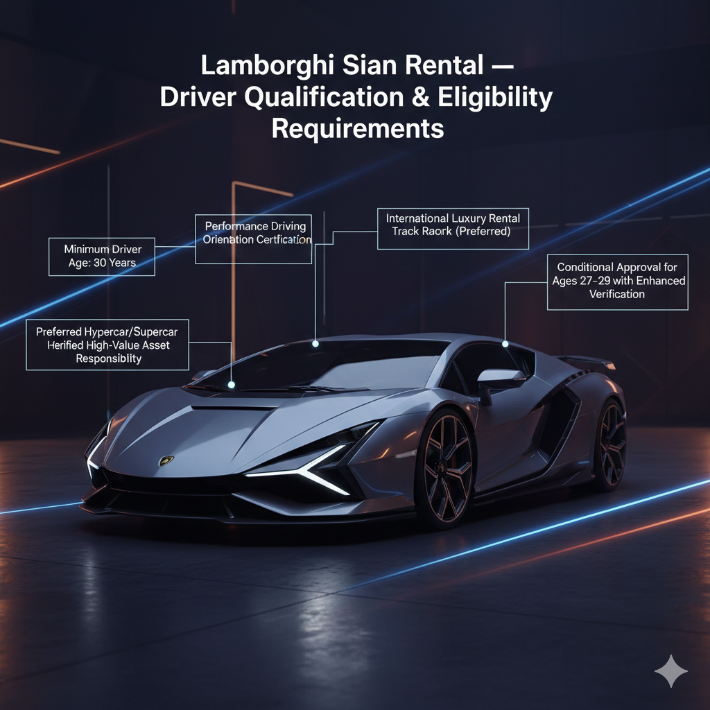Ultra-realistic Lamborghini Sián hypercar poster with bold top headline and animated side points showing driver qualification, minimum age, and hypercar eligibility requirements for Dubai rental approval.