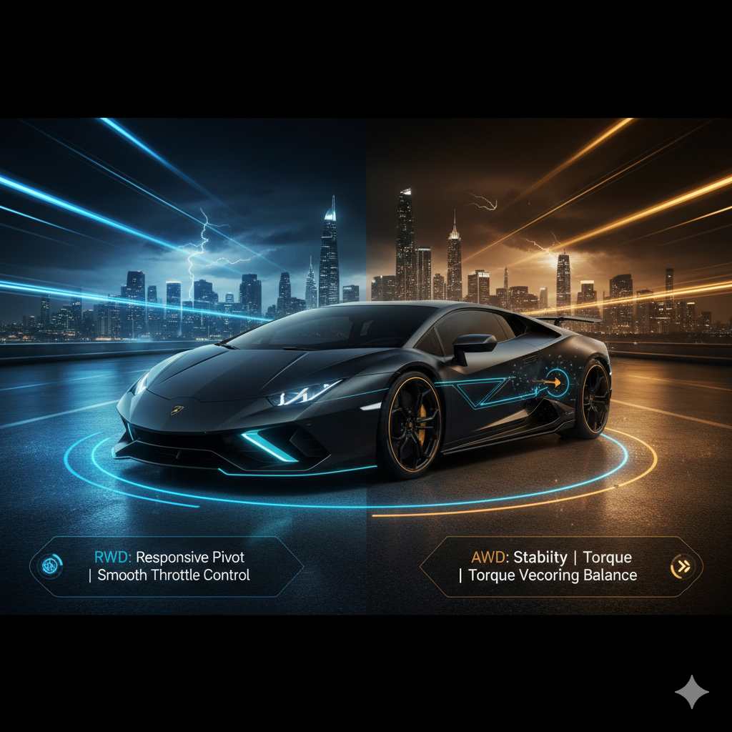 Animated infographic of a Lamborghini supercar demonstrating AWD vs RWD turning radius behavior in urban environments, highlighting steering response, torque balance, and controlled rotation techniques for luxury car rentals in Dubai.