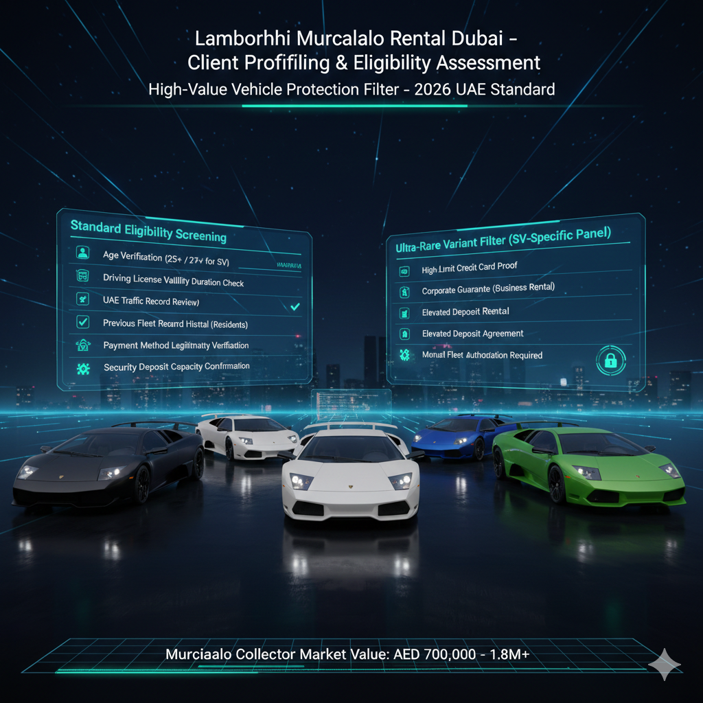 “Ultra-HD cinematic infographic showing Lamborghini Murcielago rental client profiling and eligibility assessment in Dubai 2026. Displays age verification, license validity, traffic history checks, payment legitimacy, security deposit confirmation, and high-limit credit screening for LP670-4 SV models in a blue and green neon luxury verification interface.”