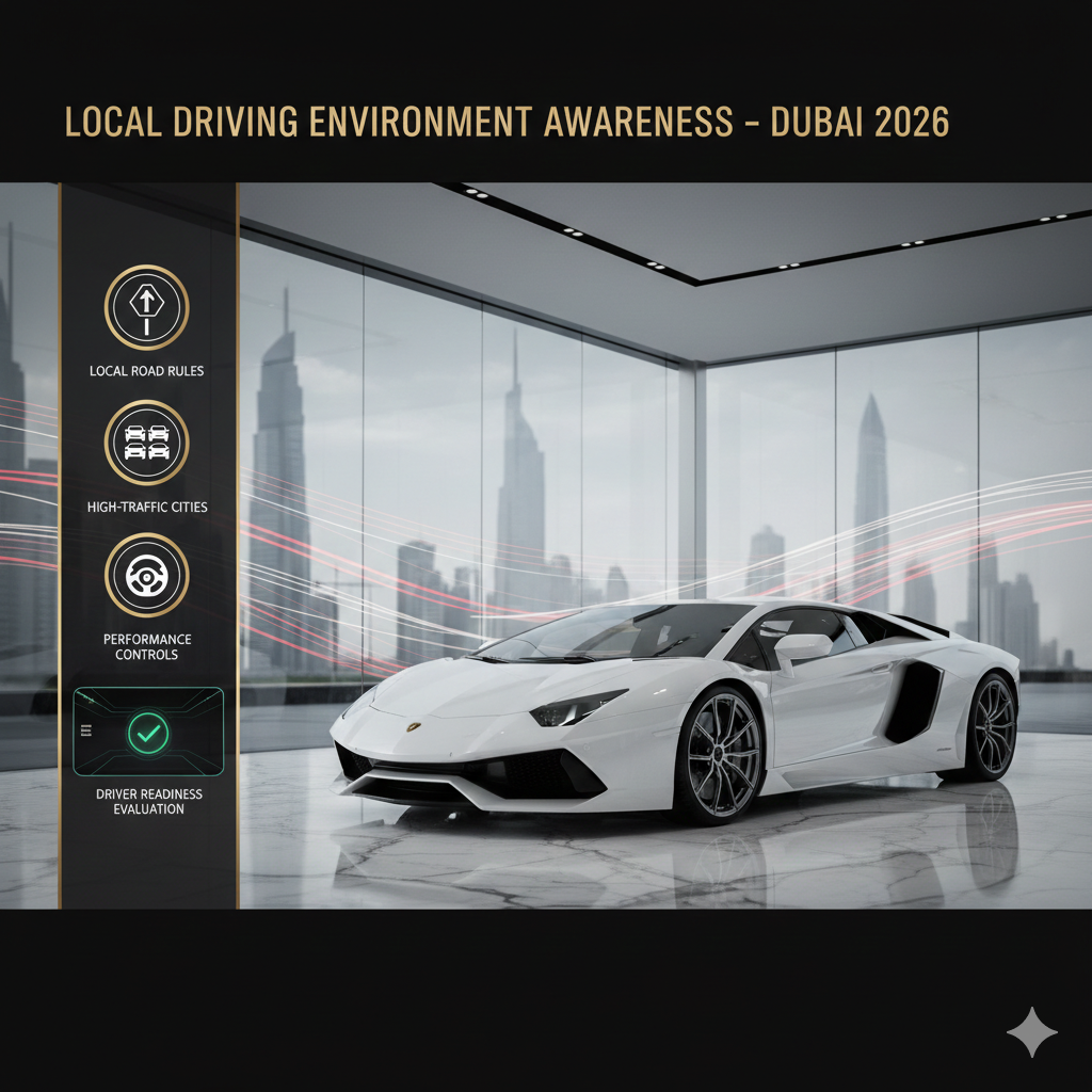 A high-end luxury car rental infographic featuring a white Lamborghini Aventador. The image includes icons for local road rules, high-traffic city experience, and performance vehicle controls, designed for the Dubai 2026 tourist eligibility guide.