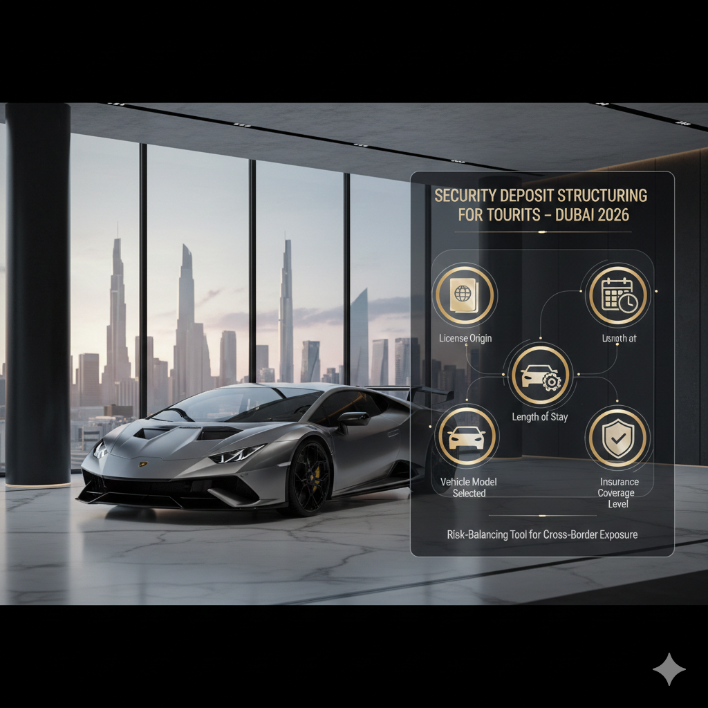 A high-end luxury car rental infographic featuring a metallic grey Lamborghini Huracán. The visual displays a digital glass panel detailing security deposit factors for tourists, including license origin, length of stay, vehicle model, and insurance coverage levels.