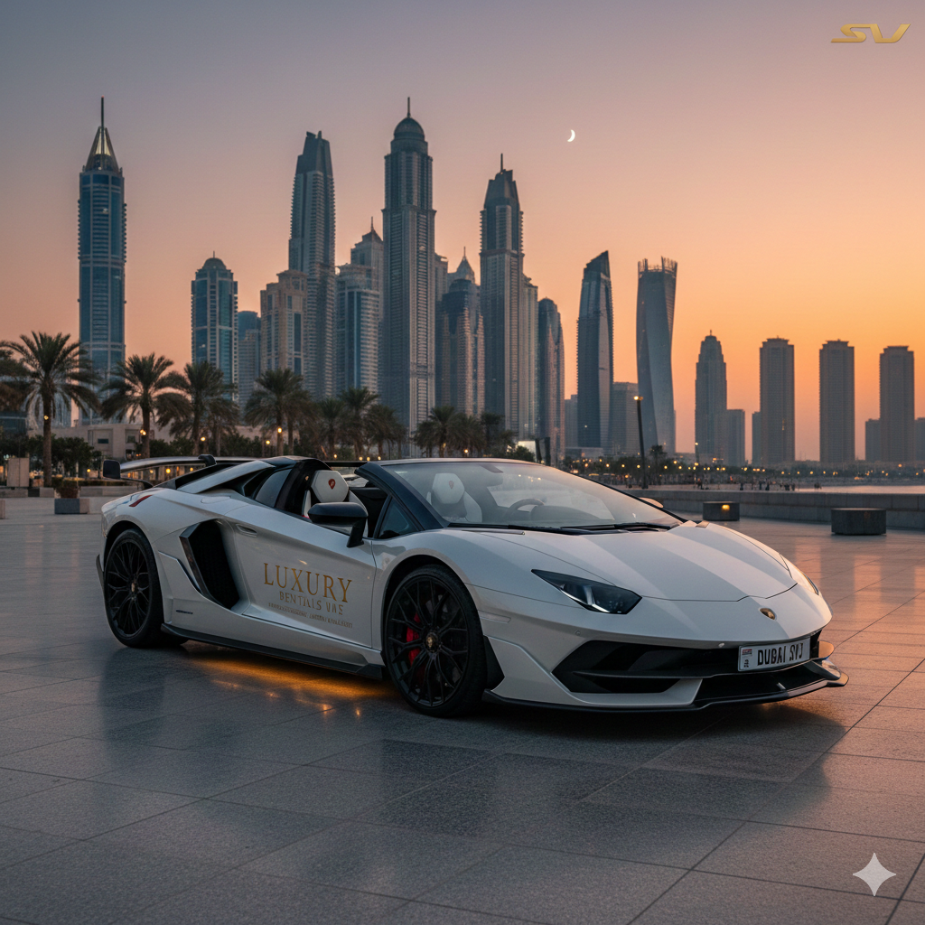 A white Lamborghini Aventador SVJ Roadster parked on a marble plaza in Dubai during sunset. The Dubai Marina skyline with its illuminated skyscrapers is visible in the background under a warm orange and purple sky with a crescent moon.