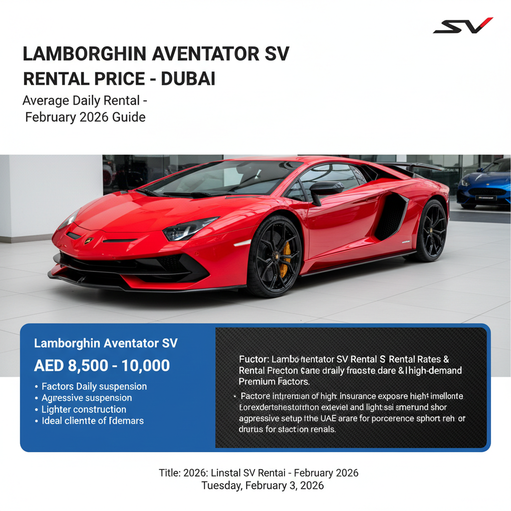 A high-performance rental infographic featuring a Rosso Mars (red) Lamborghini Aventador SV in a Dubai showroom. The graphic displays the premium daily rental rate of AED 8,500 – 10,000 and highlights features like lightweight construction and aggressive suspension for experienced drivers.