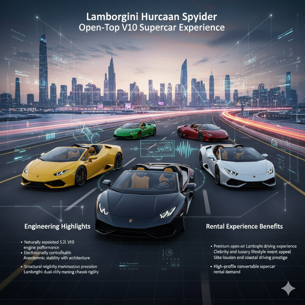 Lamborghini Huracan Spyder Open-Top V10 Supercar Experience Guide 2026 Multiple Lamborghini Huracan Spyder convertible V10 supercars with soft-top roof open driving together on luxury Dubai highway showcasing open-air performance and aerodynamic stability
