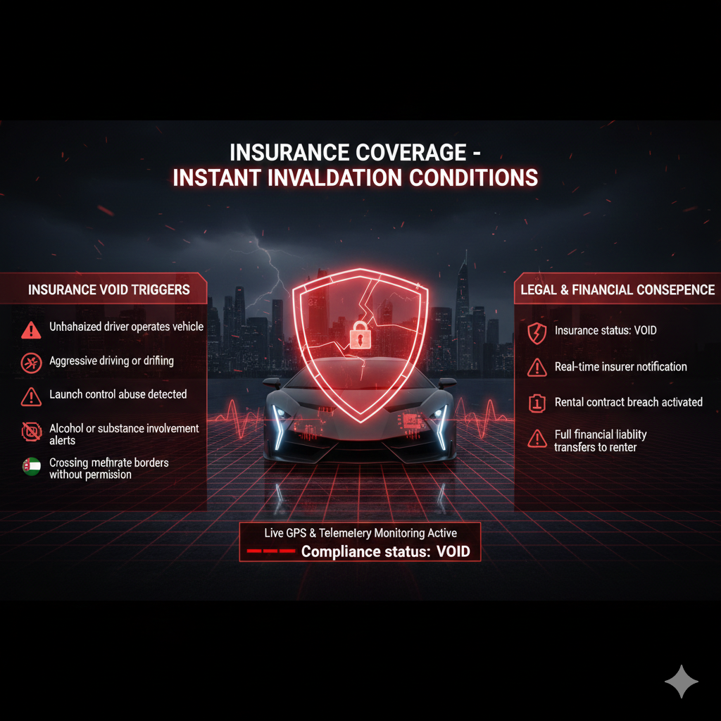 Animated infographic showing conditions that instantly void insurance coverage for Lamborghini Veneno rentals in Dubai, including unauthorized drivers, drifting, launch control abuse, substance involvement, ignored warnings, and emirate border violations, resulting in full renter liability.