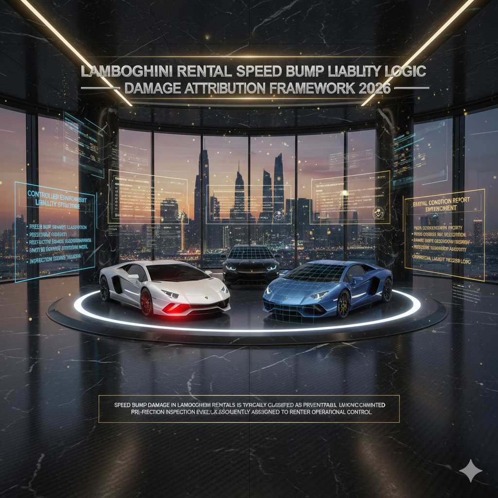 Luxury Lamborghini vehicles displayed in futuristic rental liability command center showing speed bump damage analysis and inspection documentation overlays