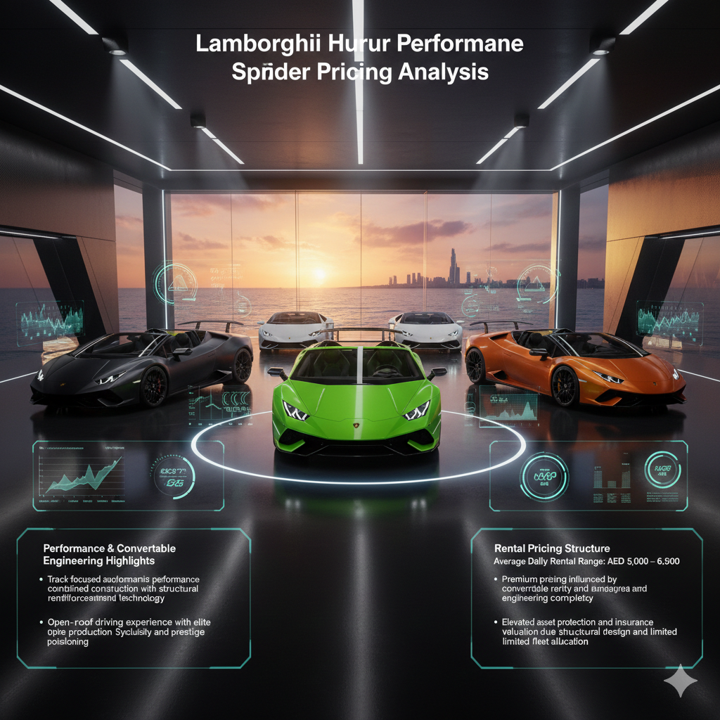 Lamborghini Huracan Performante Spyder Pricing Analysis Luxury Lamborghini Huracan Performante Spyder pricing infographic showing convertible performance models with holographic panels highlighting racing engineering, rarity value, and premium rental pricing range.
