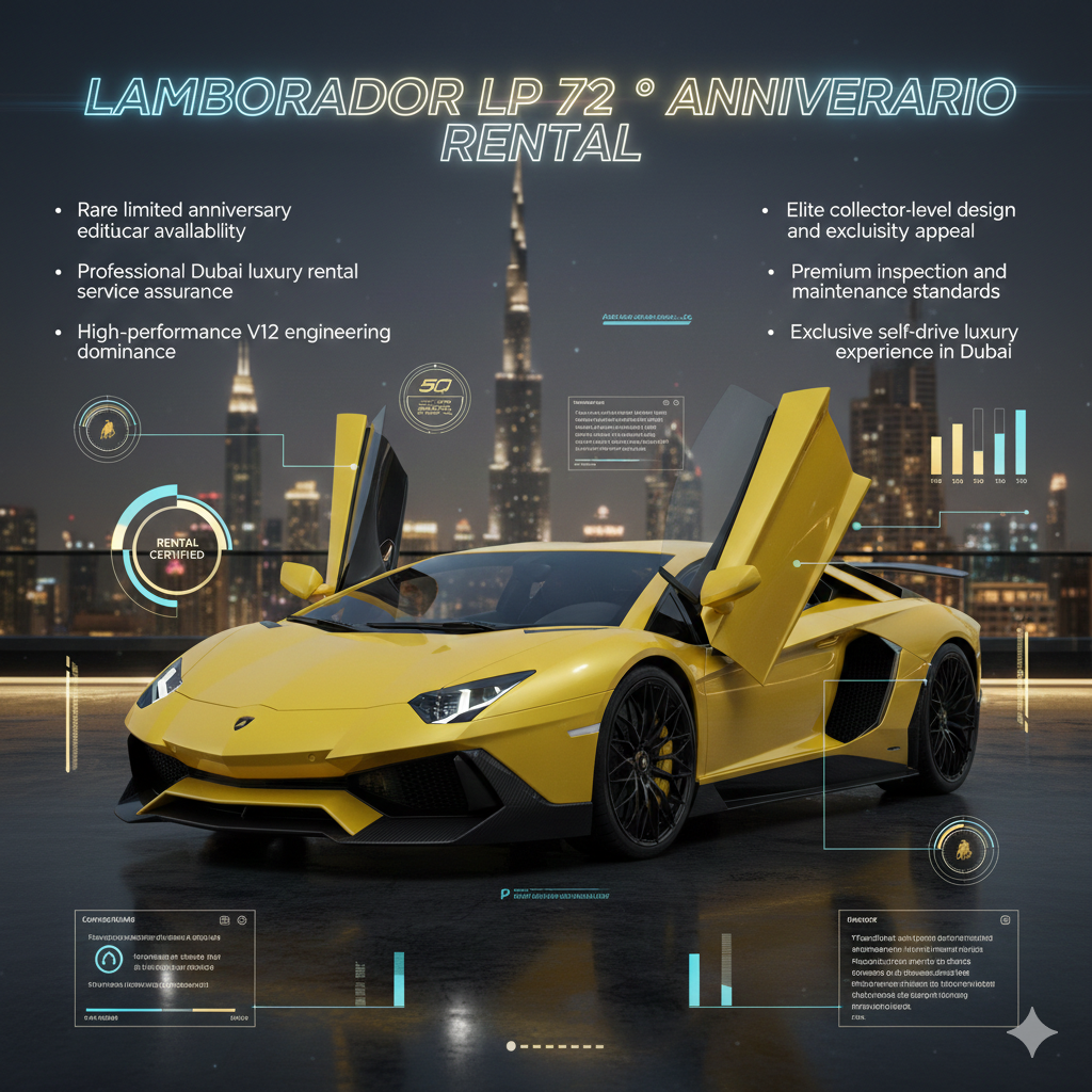 Lamborghini Aventador LP 720-4 50° Anniversario displayed in luxury Dubai skyline environment showing half front and half side angle highlighting anniversary edition supercar design and premium rental presentation.