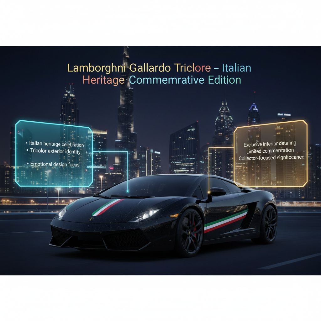 Animated luxury infographic showing a Lamborghini Gallardo Tricolore with an Italian tricolor stripe, set against an animated Dubai skyline with Burj Khalifa, highlighting heritage-focused design and commemorative exclusivity.