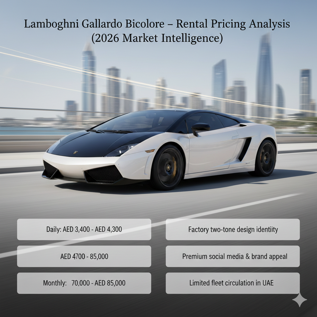 Animated luxury infographic showing Lamborghini Gallardo Bicolore rental pricing and lifestyle appeal in Dubai for 2026.
