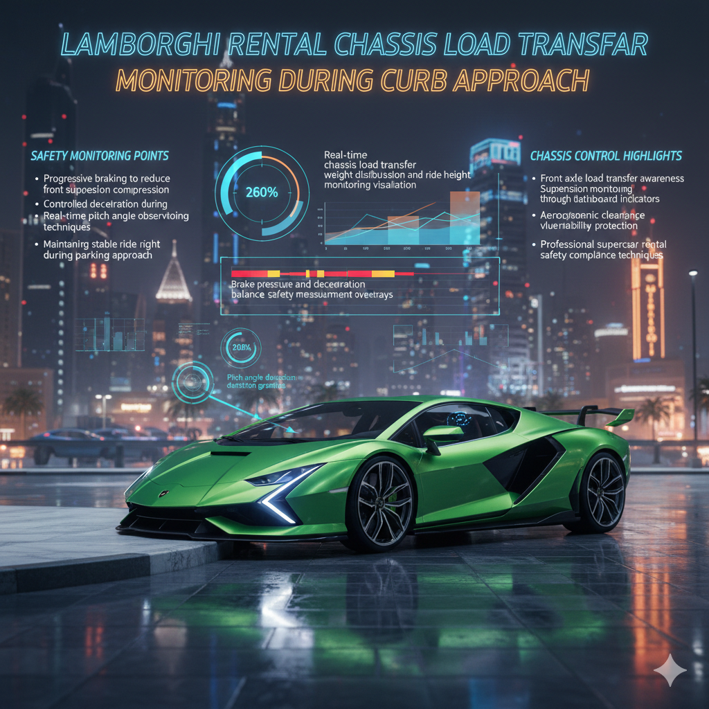 Lamborghini supercar approaching luxury elevated curb with futuristic animated suspension load transfer monitoring, braking balance visualization, and high-end Dubai smart city background.