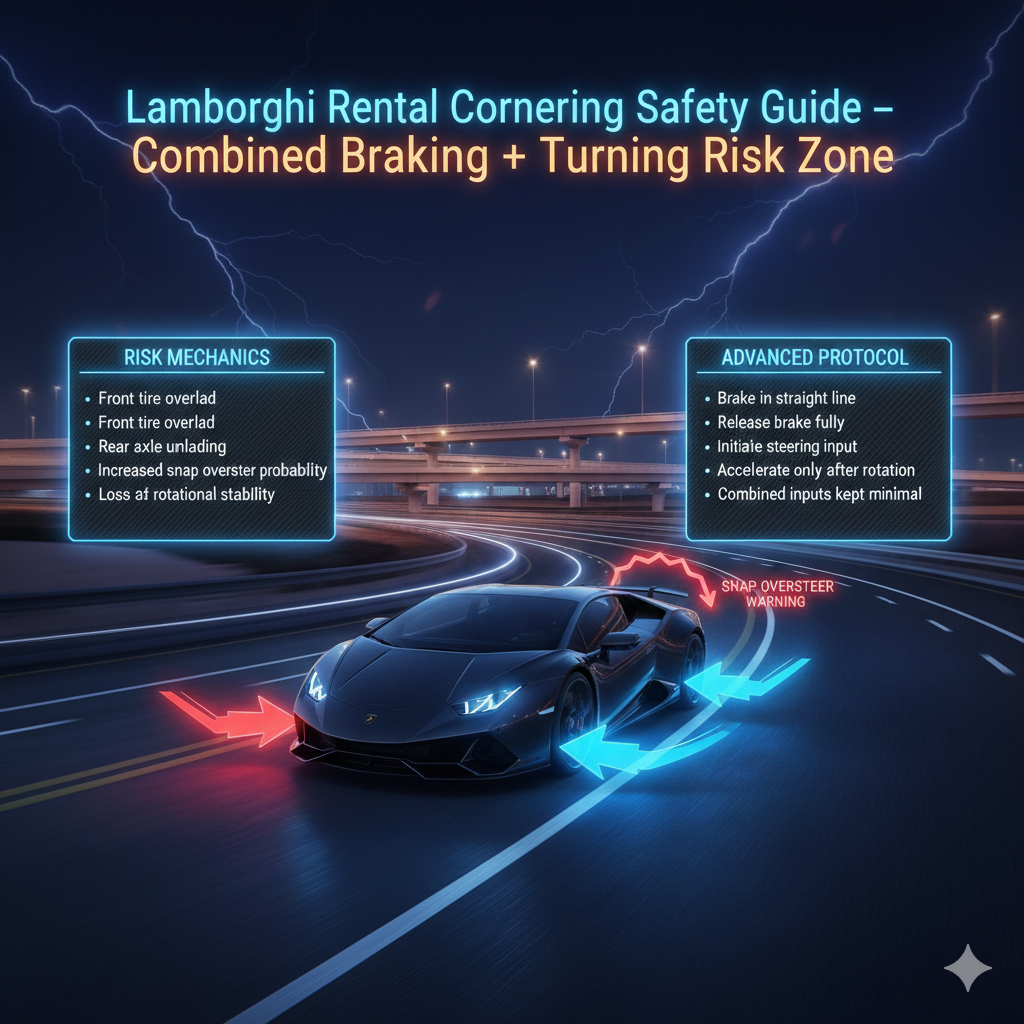 Animated infographic showing a Lamborghini entering a curve with braking and steering forces visualized separately, highlighting front tire overload, rear instability, and the correct straight-line braking protocol for safe cornering.