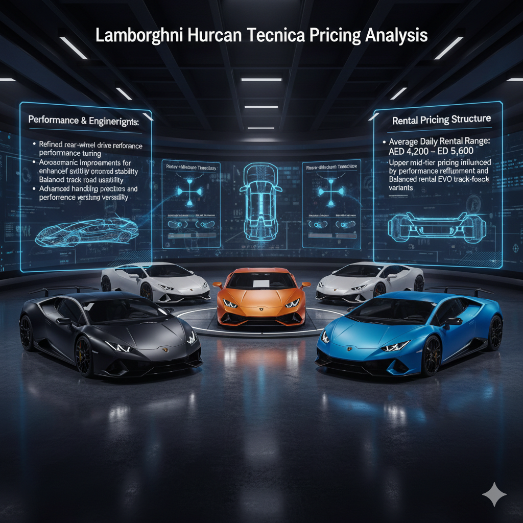 Lamborghini Huracan Tecnica Pricing Analysis Futuristic Lamborghini Huracan Tecnica pricing infographic showing performance models with holographic panels highlighting rear-wheel precision, aerodynamic refinement, and rental pricing range.