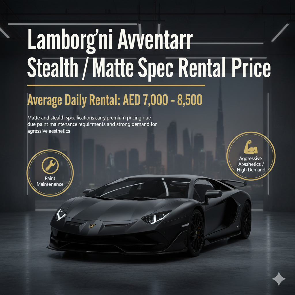 A menacing matte black Lamborghini Aventador positioned in a dark, modern garage with the Dubai skyline visible through the windows. The infographic lists a daily rental price of AED 7,000 – 8,500 and features icons for "Paint Maintenance" and "Aggressive Aesthetics."