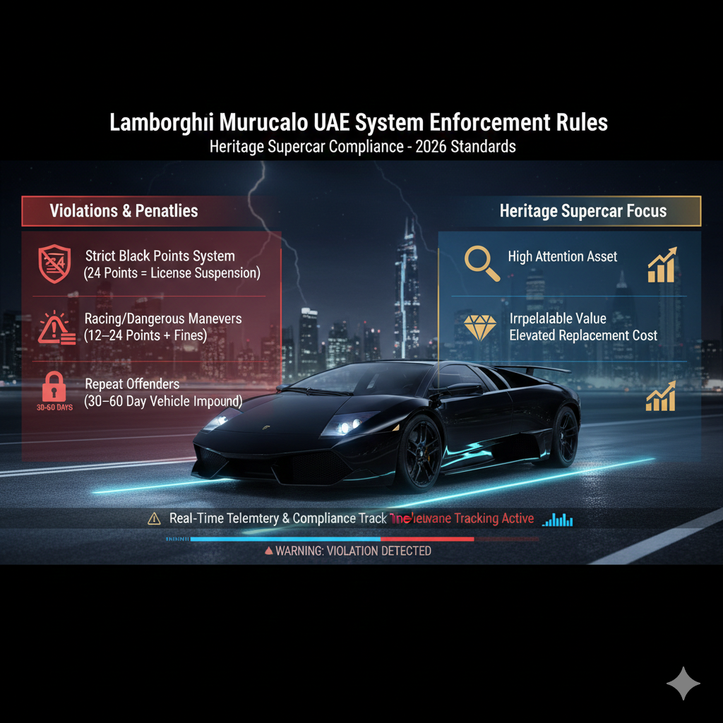 “Infographic showing Dubai 2026 enforcement for Lamborghini Murcielago rentals: 24 black points cause license suspension, dangerous driving incurs 12–24 points and fines, repeat offenses may lead to vehicle impound, highlighting high scrutiny for heritage supercars.”
