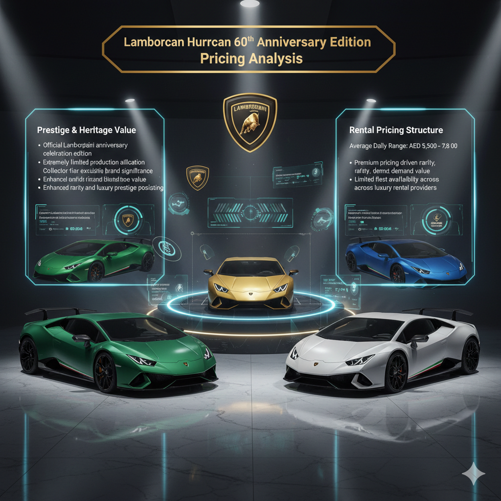 Lamborghini Huracan 60th Anniversary Edition Pricing Analysis Luxury anniversary-themed infographic showing Lamborghini Huracan 60th Anniversary Edition models with holographic panels highlighting heritage prestige, rarity value, and premium rental pricing range.