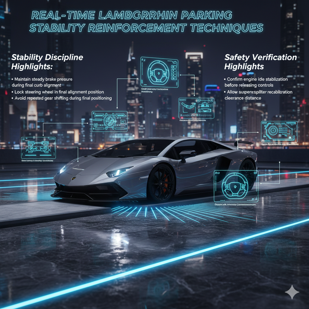 Lamborghini supercar stabilized during luxury curb parking with animated brake pressure monitoring, suspension recalibration visualization, steering lock indicators, and futuristic Dubai valet parking background.