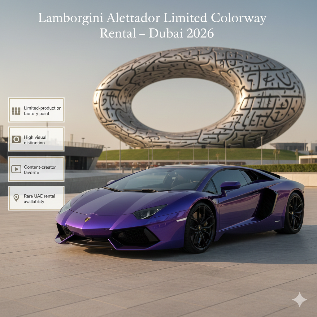 Lamborghini Aventador limited colorway edition rental in Dubai showcasing rare factory paint finish and visually distinctive supercar styling in 2026.