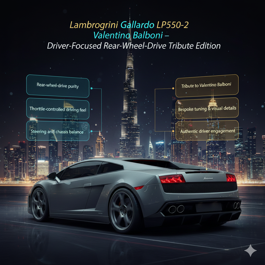 Animated luxury infographic featuring a Lamborghini Gallardo LP550-2 Valentino Balboni edition with an animated Dubai skyline and Burj Khalifa in the background, highlighting rear-wheel-drive purity and driver-focused engineering.