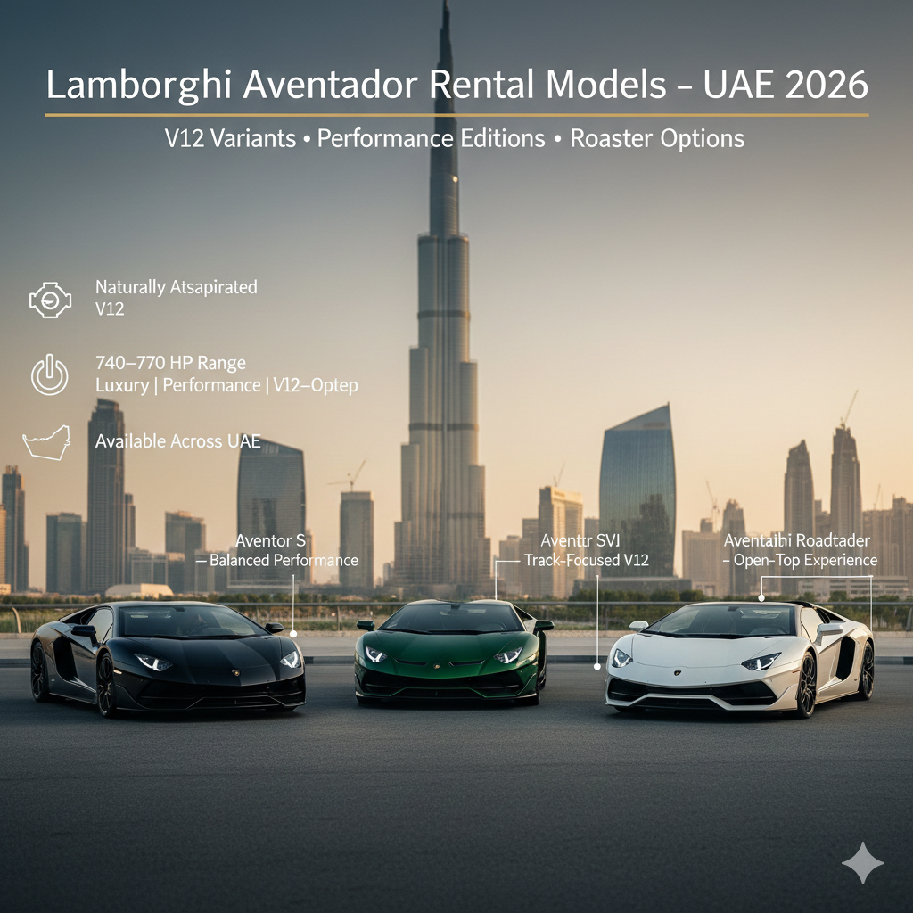 Lamborghini Aventador rental models lineup in the UAE showing Aventador S, SVJ, and Roadster variants available for luxury rental in Dubai 2026.