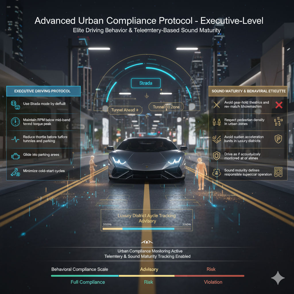 Animated infographic showing a Lamborghini navigating Dubai luxury streets with drive-mode telemetry, RPM and throttle overlays, gear engagement guidance, cold-start tracking, pedestrian density awareness, and advanced urban acoustic compliance indicators.