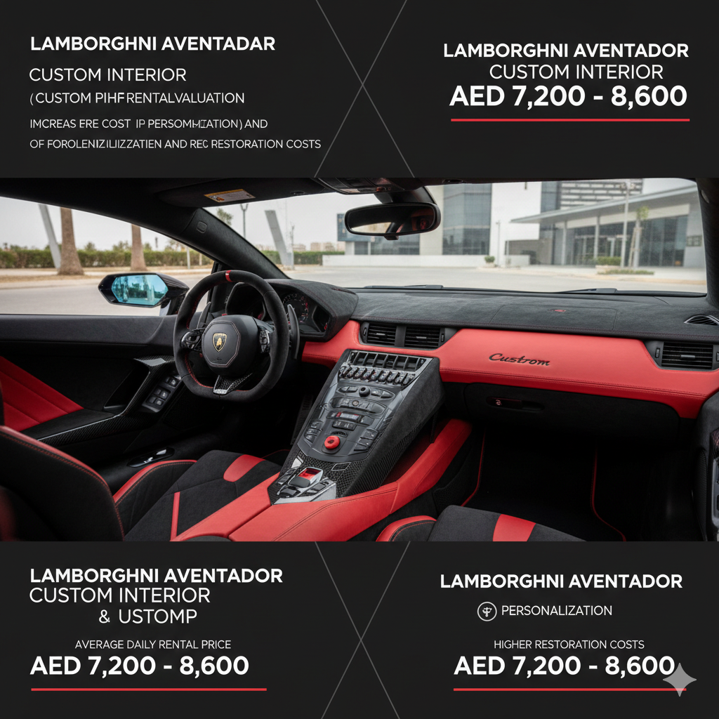 A high-definition interior shot of a Lamborghini Aventador featuring a custom red and black Alcantara and carbon fiber cockpit. The graphic explains that custom interiors increase rental valuation due to personalization and higher restoration costs, listing the daily rate at AED 7,200 – 8,600.