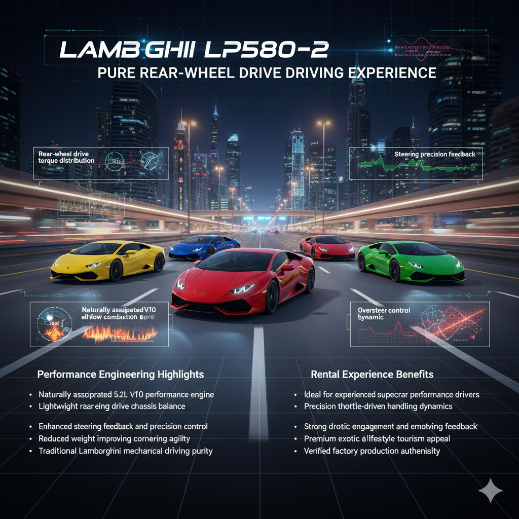 Lamborghini Huracan LP580-2 Rental Pure Rear-Wheel Drive Driver Engagement Guide Multiple Lamborghini Huracan LP580-2 rear-wheel drive supercars in different colors driving together on futuristic Dubai highway showing pure driver engagement performance