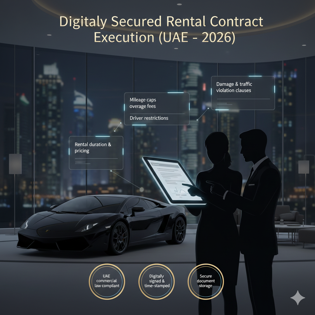 Animated infographic showing digital rental contract signing for a Lamborghini Gallardo rental in Dubai.