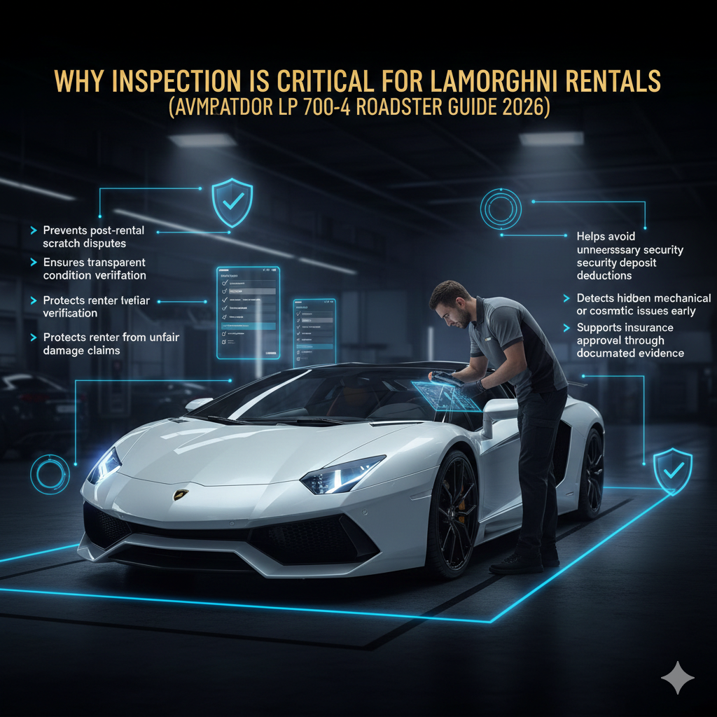 Luxury infographic showing a Lamborghini Aventador Roadster being professionally inspected, with verification and protection benefits displayed as bullet points in a futuristic premium design.
