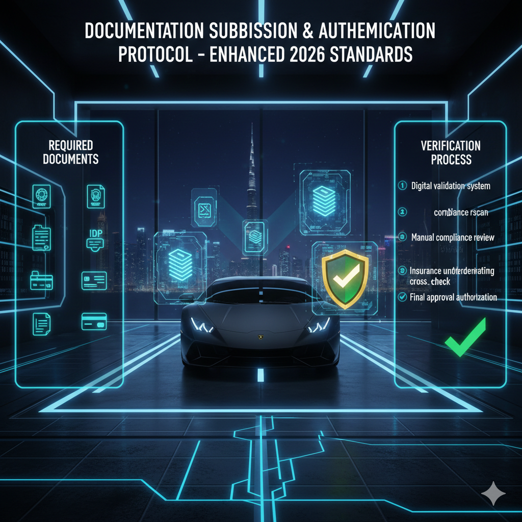 Animated luxury infographic showing a Lamborghini in a secure Dubai delivery environment with digital document verification panels, illustrating passport, visa, driving license, and insurance authentication under UAE rental compliance standards.