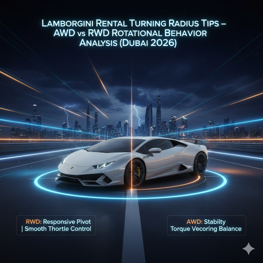 Animated infographic showing a single Lamborghini supercar demonstrating AWD vs RWD turning behavior, with glowing rotation arcs, highlighted pivot points, and dynamic steering overlays, set against a futuristic Dubai night background with flowing sky light effects.