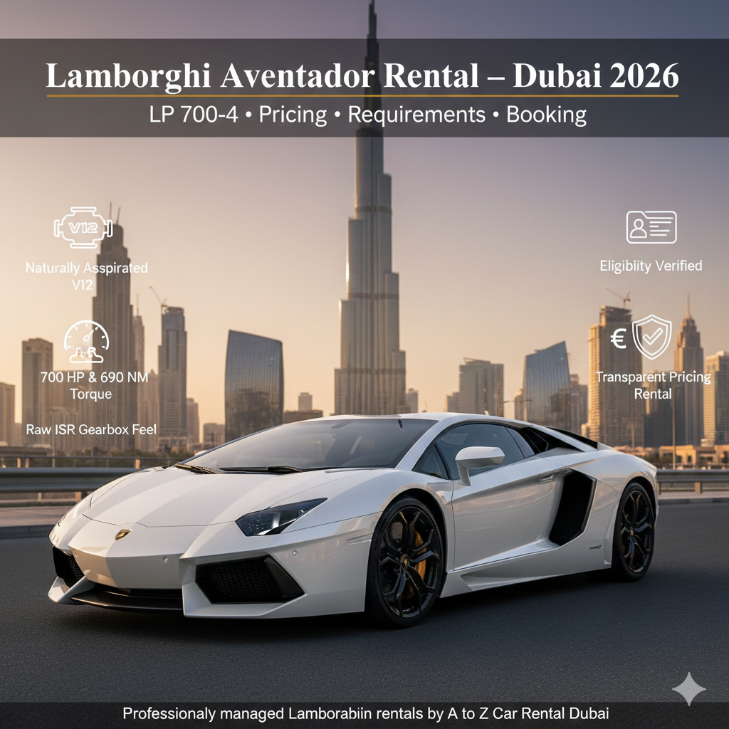 Lamborghini Aventador LP 700-4 rental in Dubai showcasing the original V12 supercar model with aggressive design, raw performance, and iconic styling in the UAE 2026.