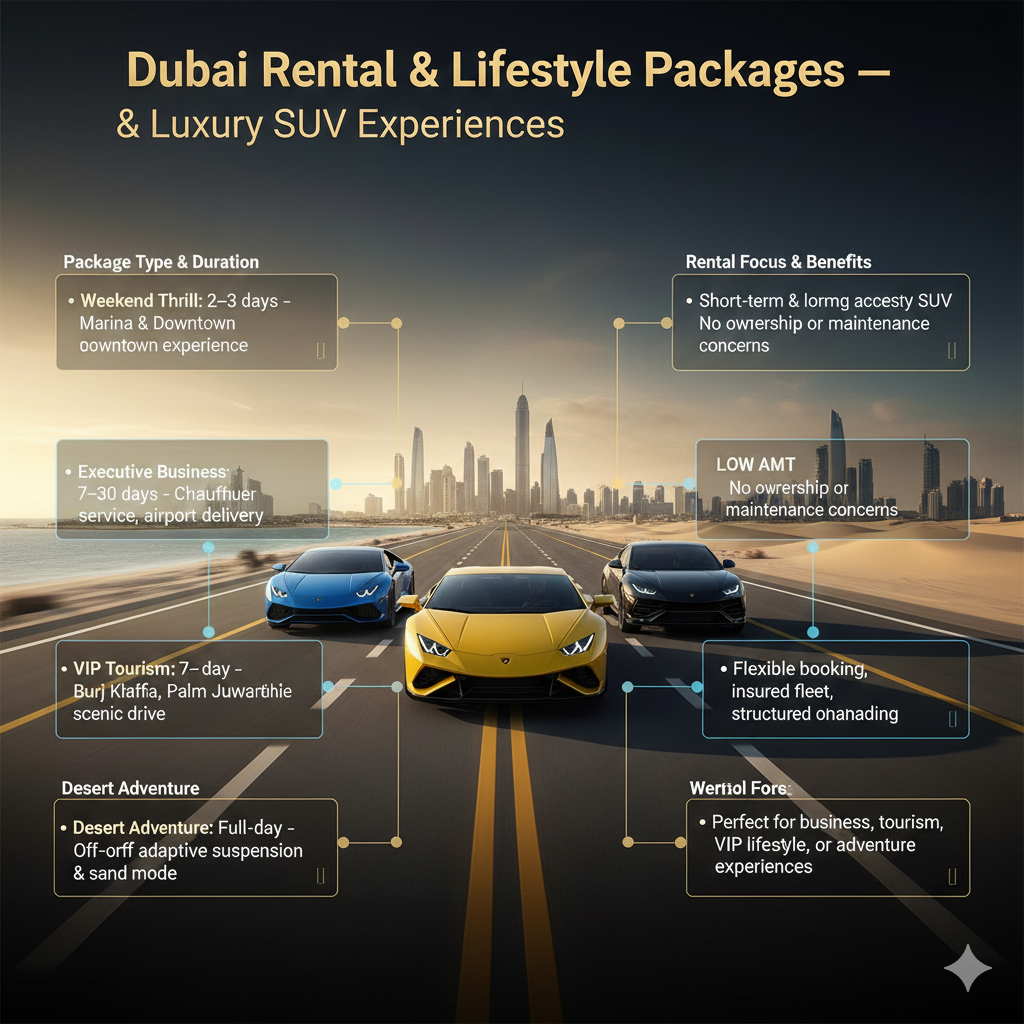 Infographic showing Dubai Lamborghini and luxury SUV rental packages, including Weekend Thrill, Executive Business, VIP Tourism, and Desert Adventure, highlighting duration, experiences, and rental benefits