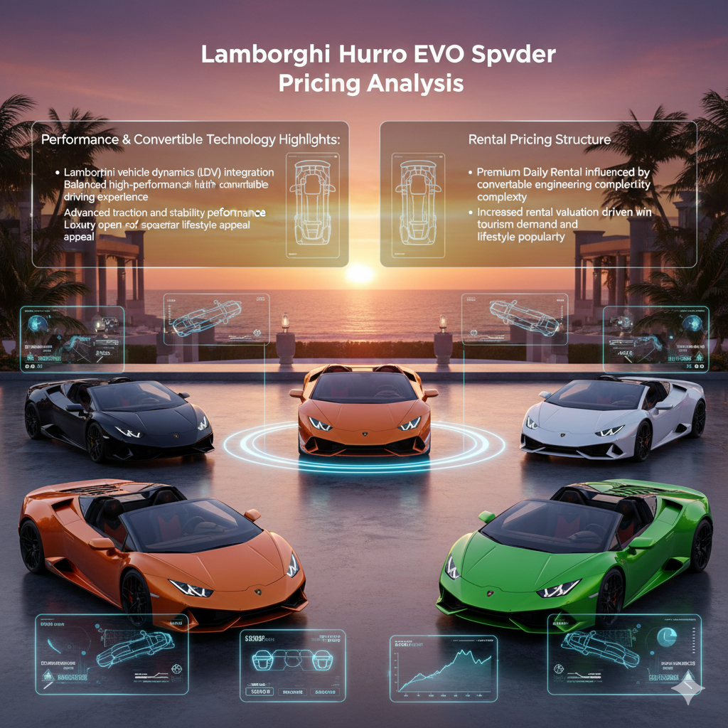 Lamborghini Huracan EVO Spyder Pricing Analysis Luxury Lamborghini Huracan EVO Spyder pricing infographic showing convertible performance models with holographic panels highlighting driving intelligence technology, lifestyle appeal, and rental pricing range.
