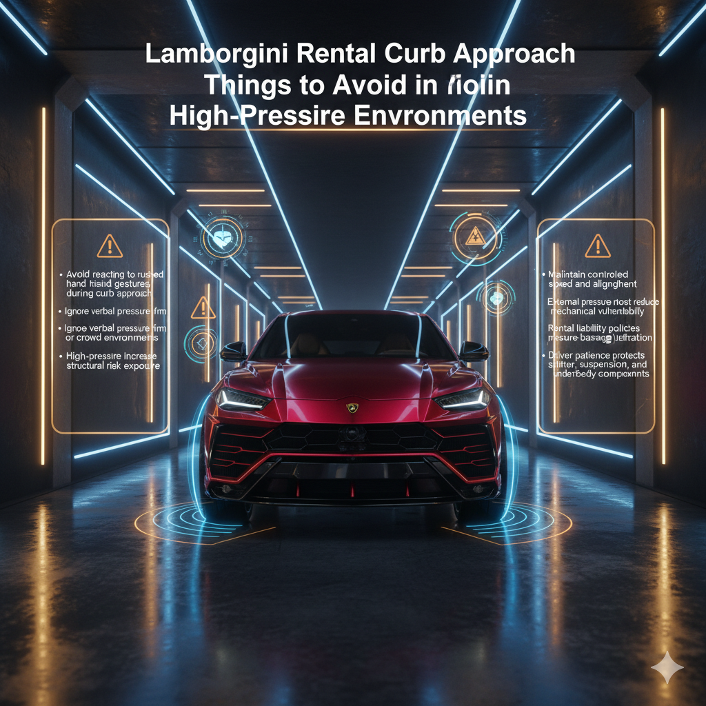 Futuristic Lamborghini training infographic showing a luxury Lamborghini SUV with holographic side panels explaining curb approach mistakes to avoid in high-pressure valet and event environments.