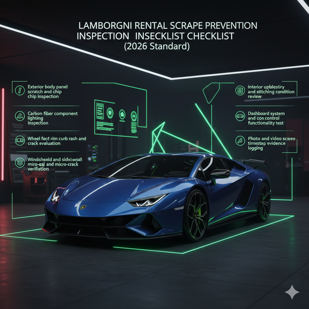 Luxury infographic showing a Lamborghini supercar in the center with inspection checklist points displayed on both sides, highlighting vehicle condition verification and scrape prevention procedures in a futuristic premium design.
