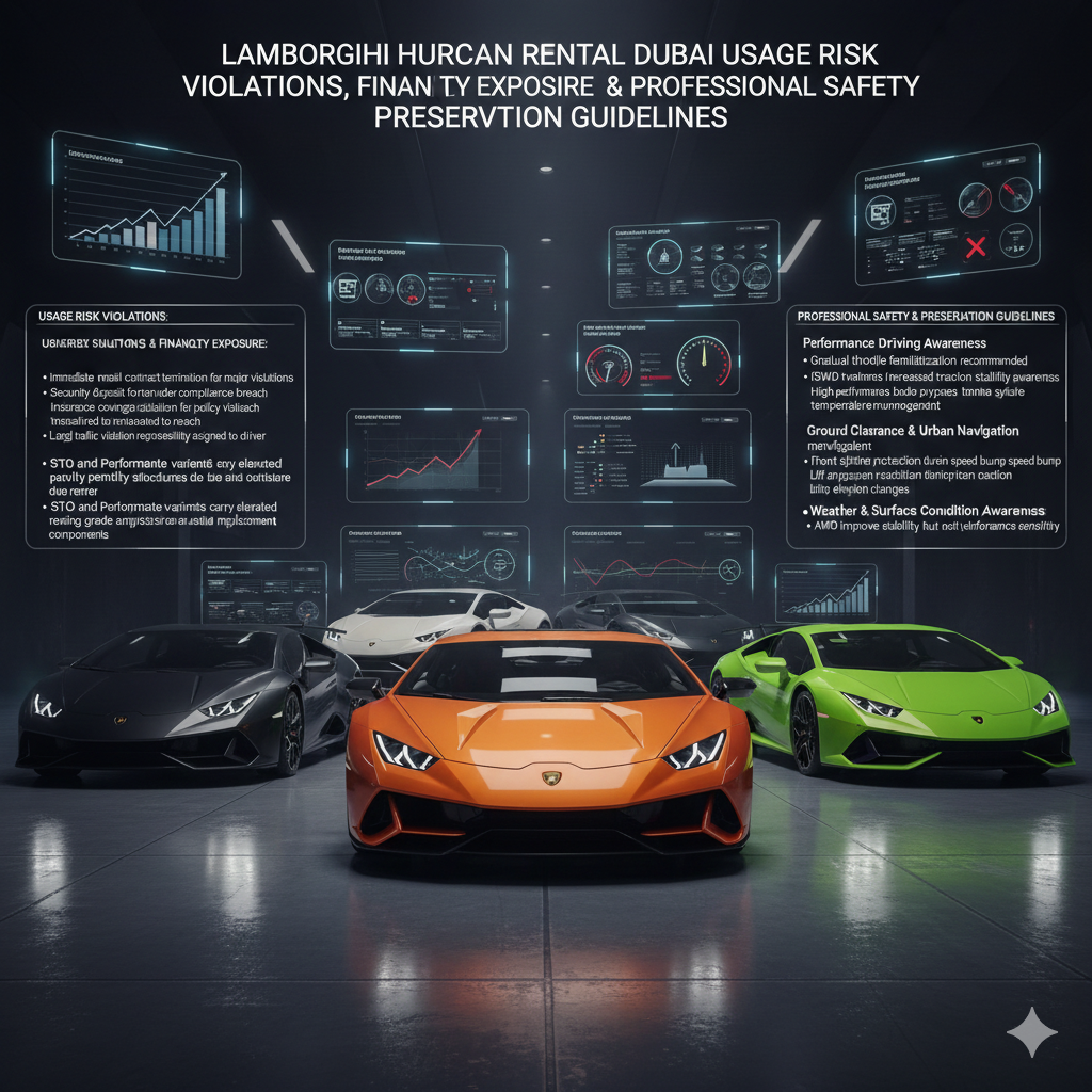 Lamborghini Huracan Rental Dubai Usage Risk Violations, Financial Penalty Exposure & Professional Safety Preservation Guidelines Futuristic Lamborghini rental safety and compliance infographic showing Huracan performance variants with holographic panels explaining violation penalties, safety driving techniques, braking management, and traction awareness.