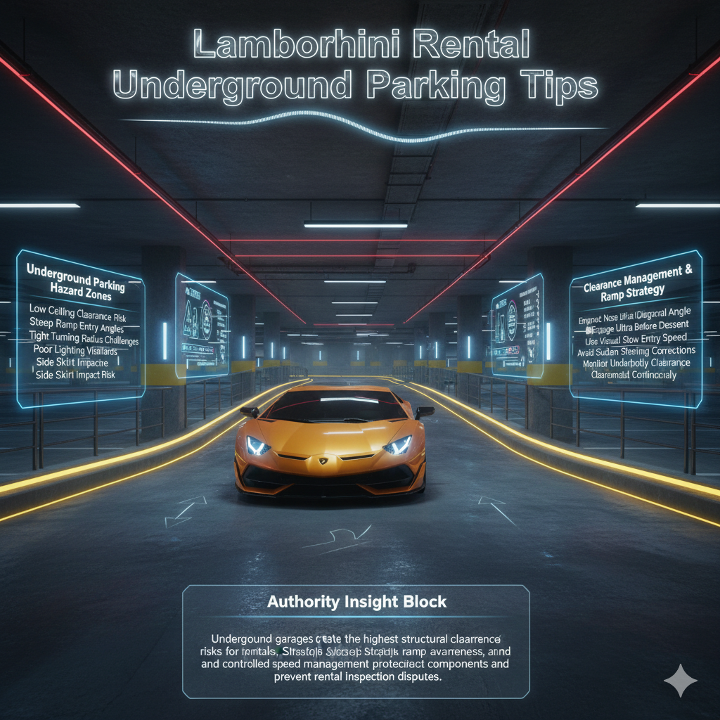 Lamborghini supercar navigating luxury underground parking ramp with clearance safety visualization and animated guidance system