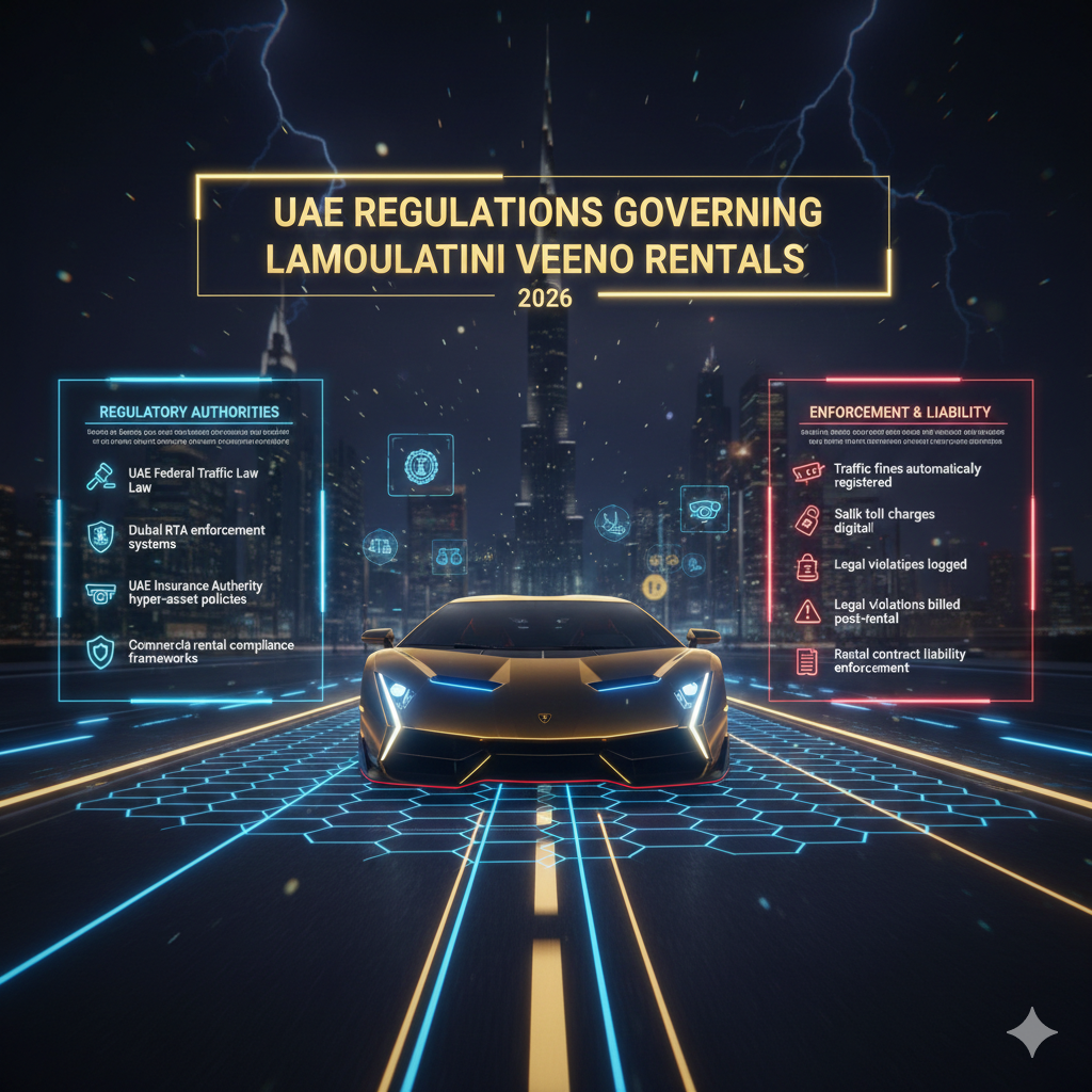 Animated infographic showing Lamborghini Veneno rental usage rules in Dubai, including permitted UAE road use, prohibited track and off-road driving, commercial restrictions, and active GPS and telemetry monitoring under UAE insurance compliance standards.