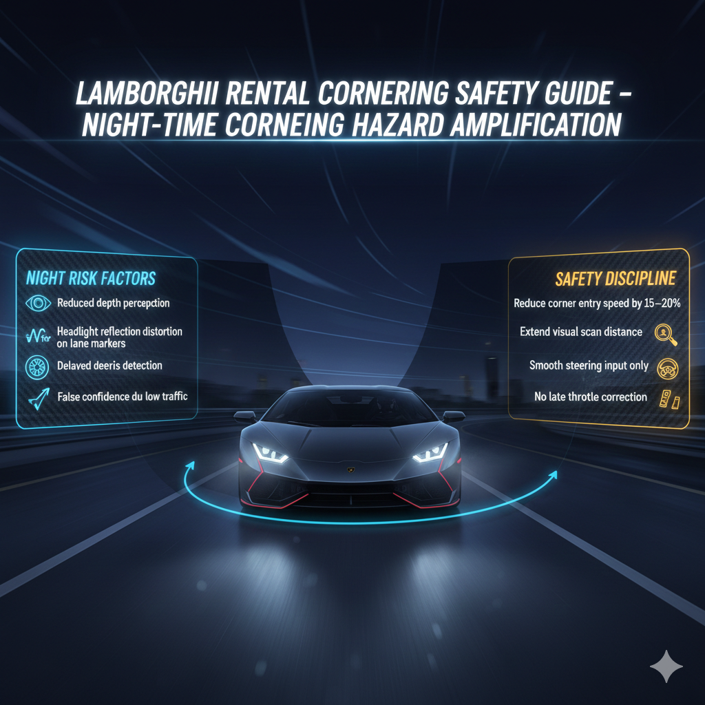 Animated infographic showing a Lamborghini cornering at night, highlighting reduced visibility risks, headlight distortion, delayed surface detection, and safe speed reduction strategies on Dubai roads.